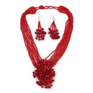 Vibrant Red Glass Bead & Gemstone Chips Necklace and Earrings 2 Piece Set